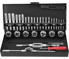 Závitníky a závitové očká HSS, 32-dielna sada, M3-12, kovové puzdro, EXTOL PREMIUM