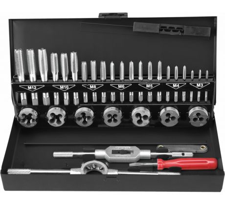 Závitníky a závitové očká HSS, 32-dielna sada, M3-12, kovové puzdro, EXTOL PREMIUM