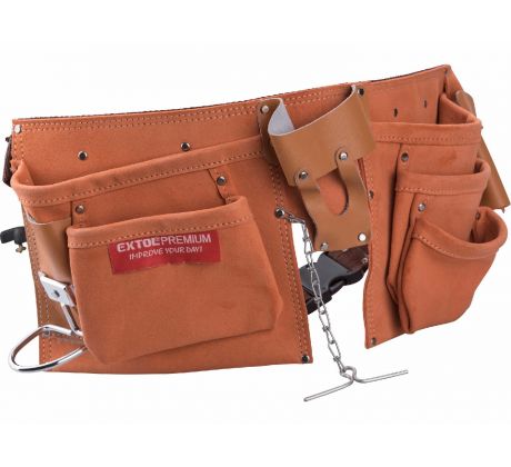 Vrecko na náradie, dvojdielne, 9 vreciek, kovové oko, s opaskom, kožené, EXTOL PREMIUM