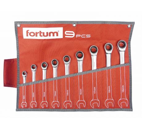 Kľúče očko-vidlicové, račňové, 72 zubov, 9-dielna sada, 8-19mm, FORTUM