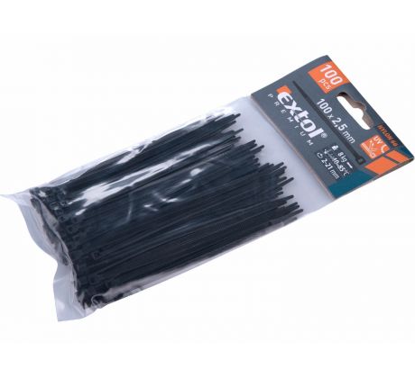 Pásky sťahovacie čierne, 2,5x100mm, 100ks, Ø22mm, 8kg, nylon PA66, EXTOL PREMIUM