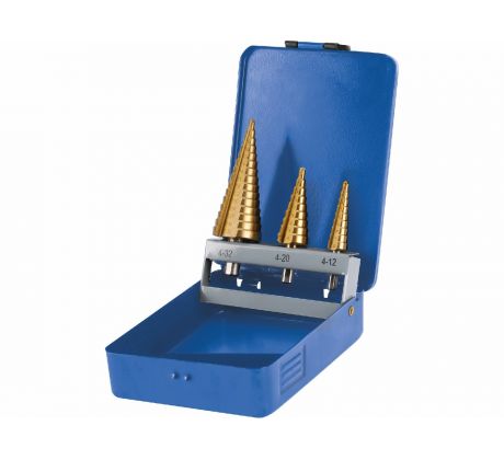 Vrtáky stupňovité TiN, sada 3ks, ø4-12/1mm, ø4-20/2mm, ø4-32/2mm, EXTOL CRAFT