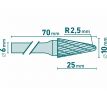 Fréza karbidová kónická, pologuľaté čelo, Ø10mm, rezná dĺžka 25mm, stopka Ø6mm, EXTOL INDUSTRIAL