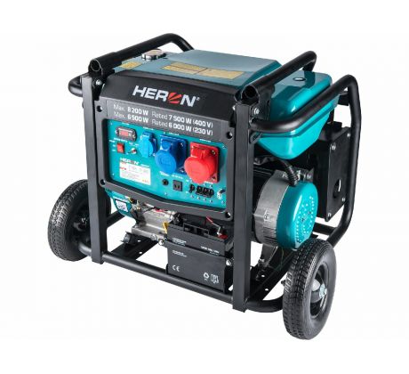 Elektrocentrála rámová benzínová 3F, 8,2kW/7,5kW, podvozok, elektrický štart, HERON