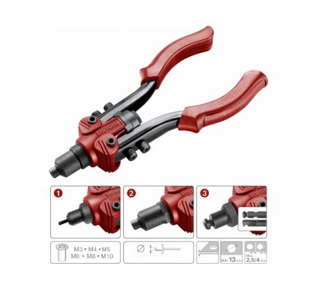 Kliešte nitovacie a vysekávacie 3v1, nity 2,4-6,4mm, matice M3-M10, FORTUM