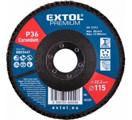 Kotúč lamelový šikmý korundový, P36, 115mm, diera 22,2mm, EXTOL PREMIUM