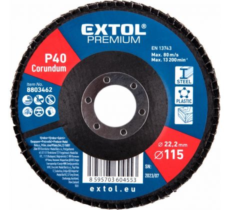 Kotúč lamelový šikmý korundový, P40, 115mm, diera 22,2mm, EXTOL PREMIUM
