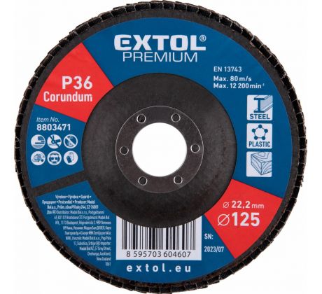 Kotúč lamelový šikmý korundový, P36, 125mm, diera 22,2mm, EXTOL PREMIUM