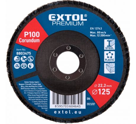 Kotúč lamelový šikmý korundový, P100, 125mm, diera 22,2mm, EXTOL PREMIUM
