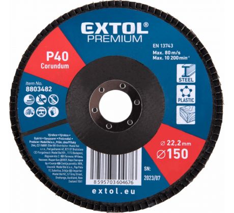 Kotúč lamelový šikmý korundový, P40, 150mm, diera 22,2mm, EXTOL PREMIUM