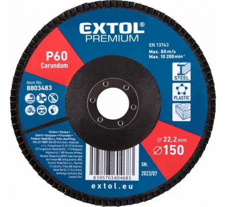 Kotúč lamelový šikmý korundový, P60, 150mm, diera 22,2mm, EXTOL PREMIUM