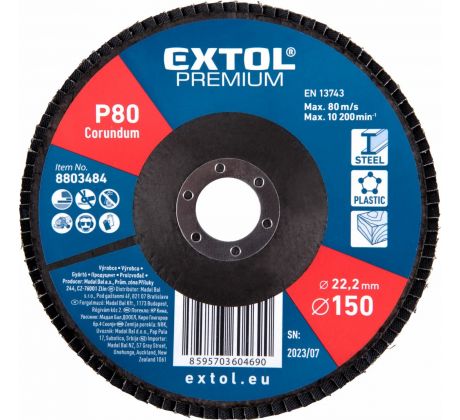Kotúč lamelový šikmý korundový, P80, 150mm, diera 22,2mm, EXTOL PREMIUM
