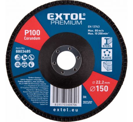 Kotúč lamelový šikmý korundový, P100, 150mm, diera 22,2mm, EXTOL PREMIUM