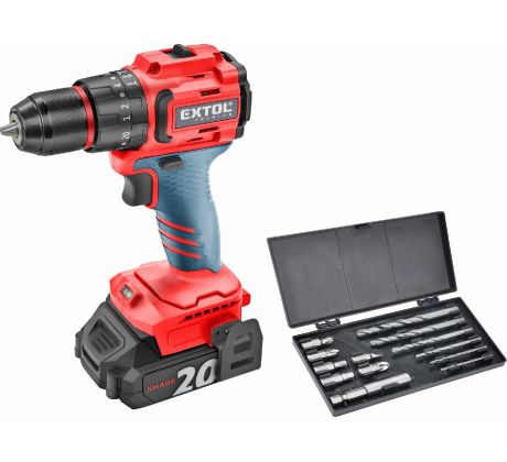 Vŕtačka s príklepom aku kompaktná Share20V, 2x 2Ah, 50Nm, bezuhlíkový motor, EXTOL PREMIUM