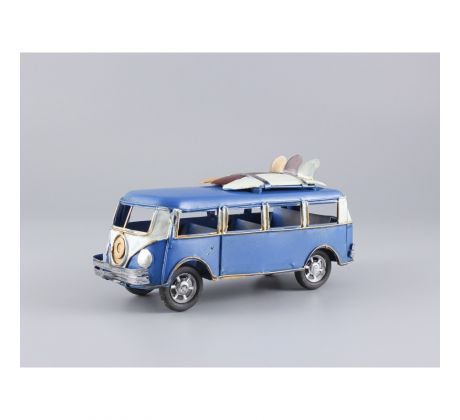 Kovové auto – VW T1 Bulli s trojicou surfov modrobielý